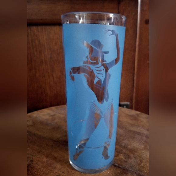 Libbey Other - Blue Frosted Tom Collins Cowboy Fiddler Cowgirl Lasso Drinking Glass